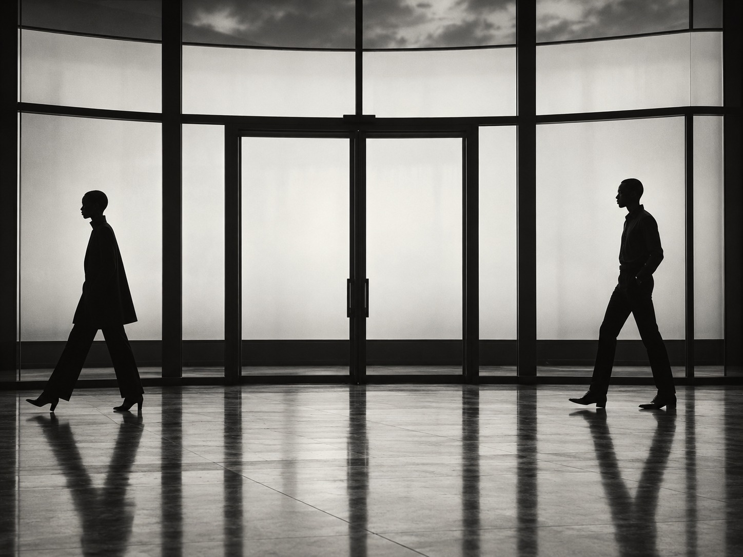Two silhouetted figures crossing a monochrome architectural hall, walking in opposite directions